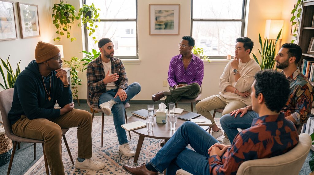 A diverse group of men participating in a group therapy session for fathers at Homa Psychology in Ann Arbor, with Psychologist Dr. Amir Maghsoodi facilitating the group.