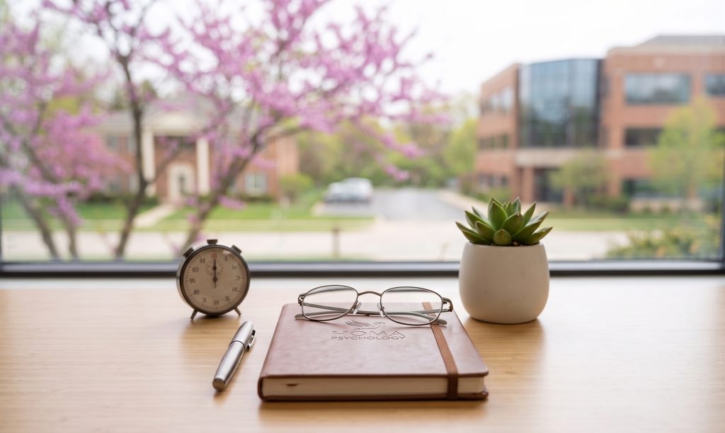 A calm therapist's desk featuring a notebook, glasses, and a small clock by a window overlooking pink blooming trees, representing the welcoming environment for adult ADHD testing in Ann Arbor at Homa Psychology.