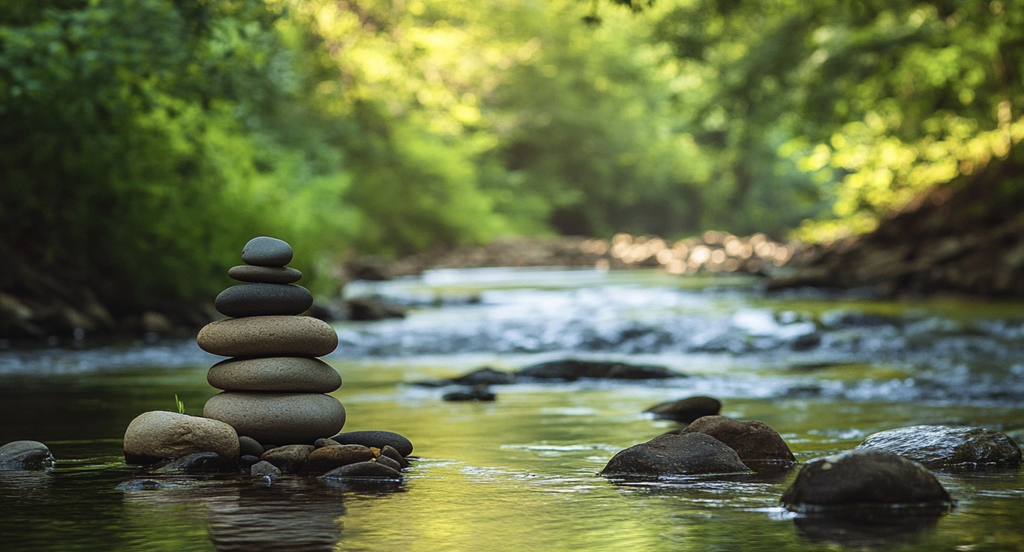 Image of stacked rocks in a river with trees in the background. On top of the picture is a contact button to schedule an initial consultation for individual therapy in ann arbor or across Michigan.